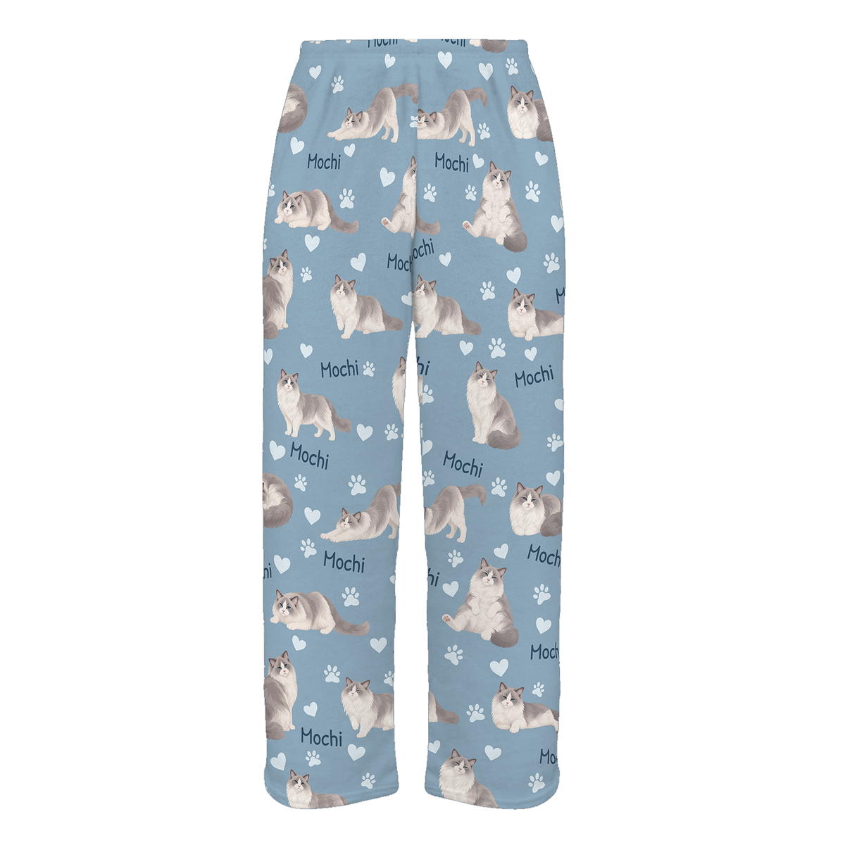 Personalized Ragdoll Cat Pajama Pants, Custom Pet Name Fleece Trousers, Cat Lover Gift — 02 Dusty Blue — full-trouser view