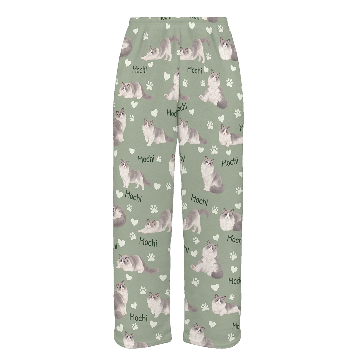 Personalized Ragdoll Cat Pajama Pants, Custom Pet Name Fleece Trousers, Cat Lover Gift — 03 Soft Sage — full-trouser view