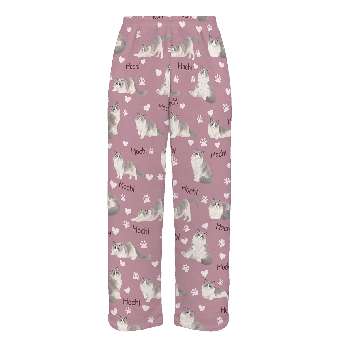 Personalized Ragdoll Cat Pajama Pants, Custom Pet Name Fleece Trousers, Cat Lover Gift — 04 Dusty Rose — full-trouser view