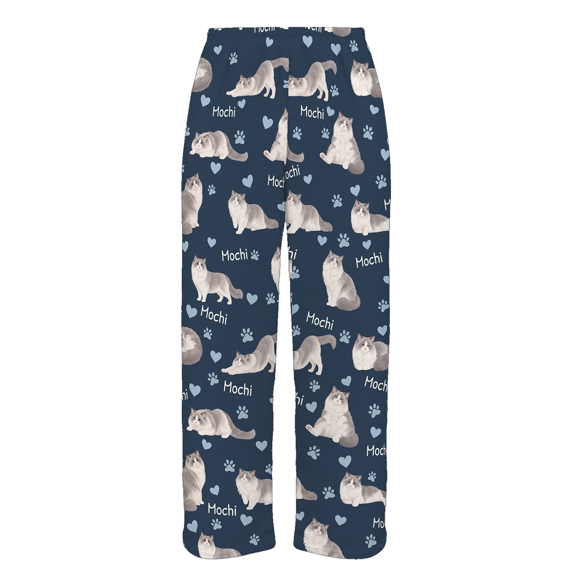 Personalized Ragdoll Cat Pajama Pants, Custom Pet Name Fleece Trousers, Cat Lover Gift — 05 Deep Navy — full-trouser view