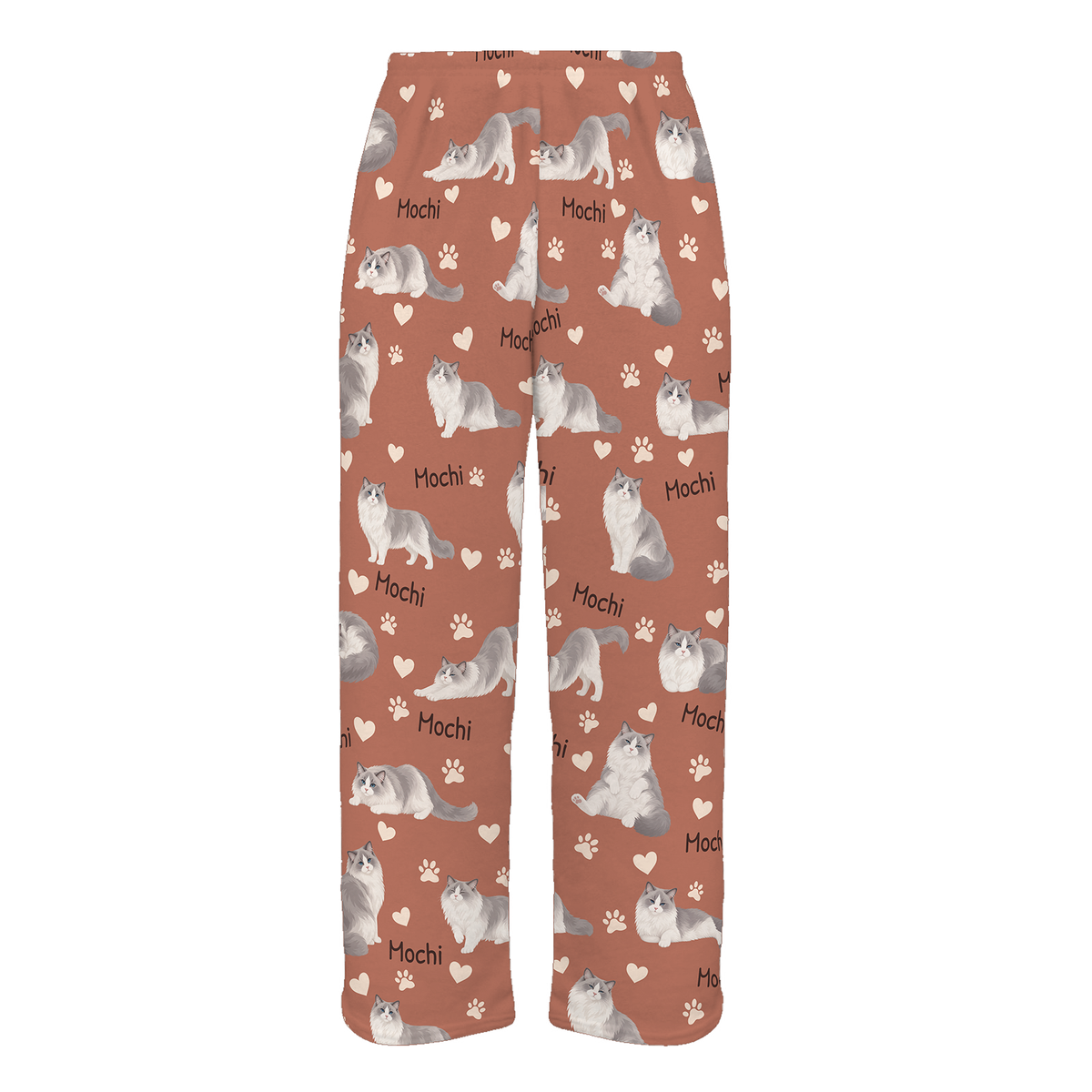 Personalized Ragdoll Cat Pajama Pants, Custom Pet Name Fleece Trousers, Cat Lover Gift — 06 Muted Terracotta — full-trouser view