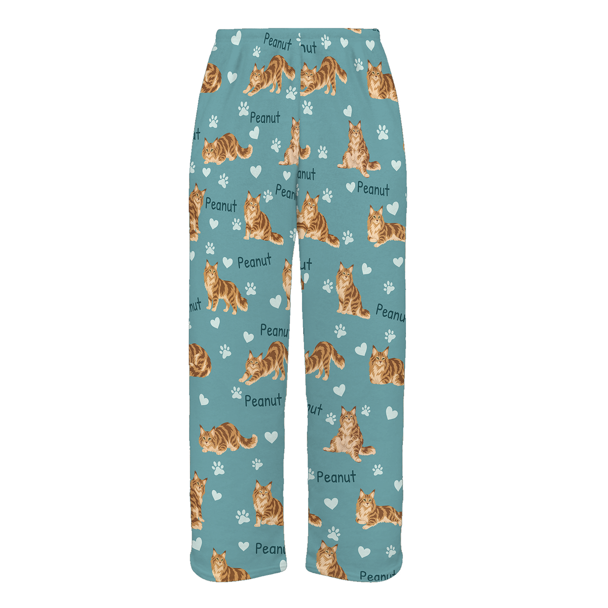 Personalized Maine Coon Cat Pajama Pants, Custom Pet Name Fleece Trousers, Cat Lover Gift — 01 Muted Teal — full-trouser view