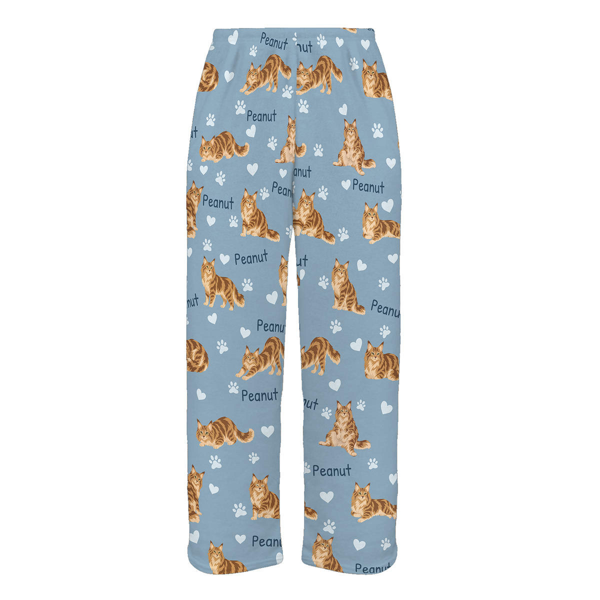 Personalized Maine Coon Cat Pajama Pants, Custom Pet Name Fleece Trousers, Cat Lover Gift — 02 Dusty Blue — full-trouser view