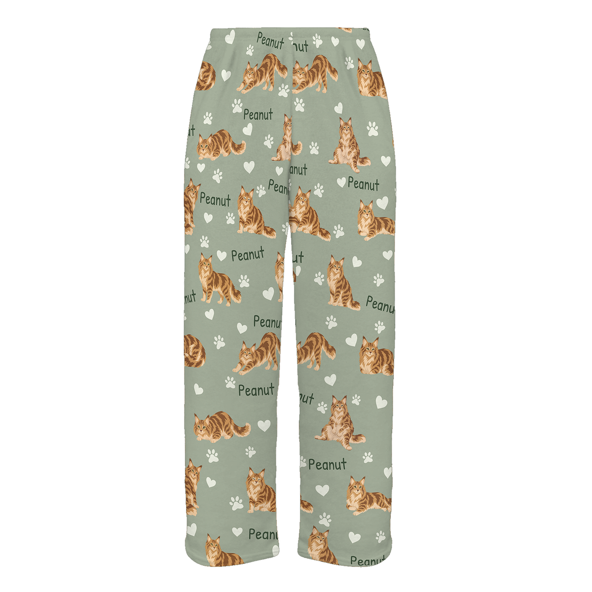 Personalized Maine Coon Cat Pajama Pants, Custom Pet Name Fleece Trousers, Cat Lover Gift — 03 Soft Sage — full-trouser view