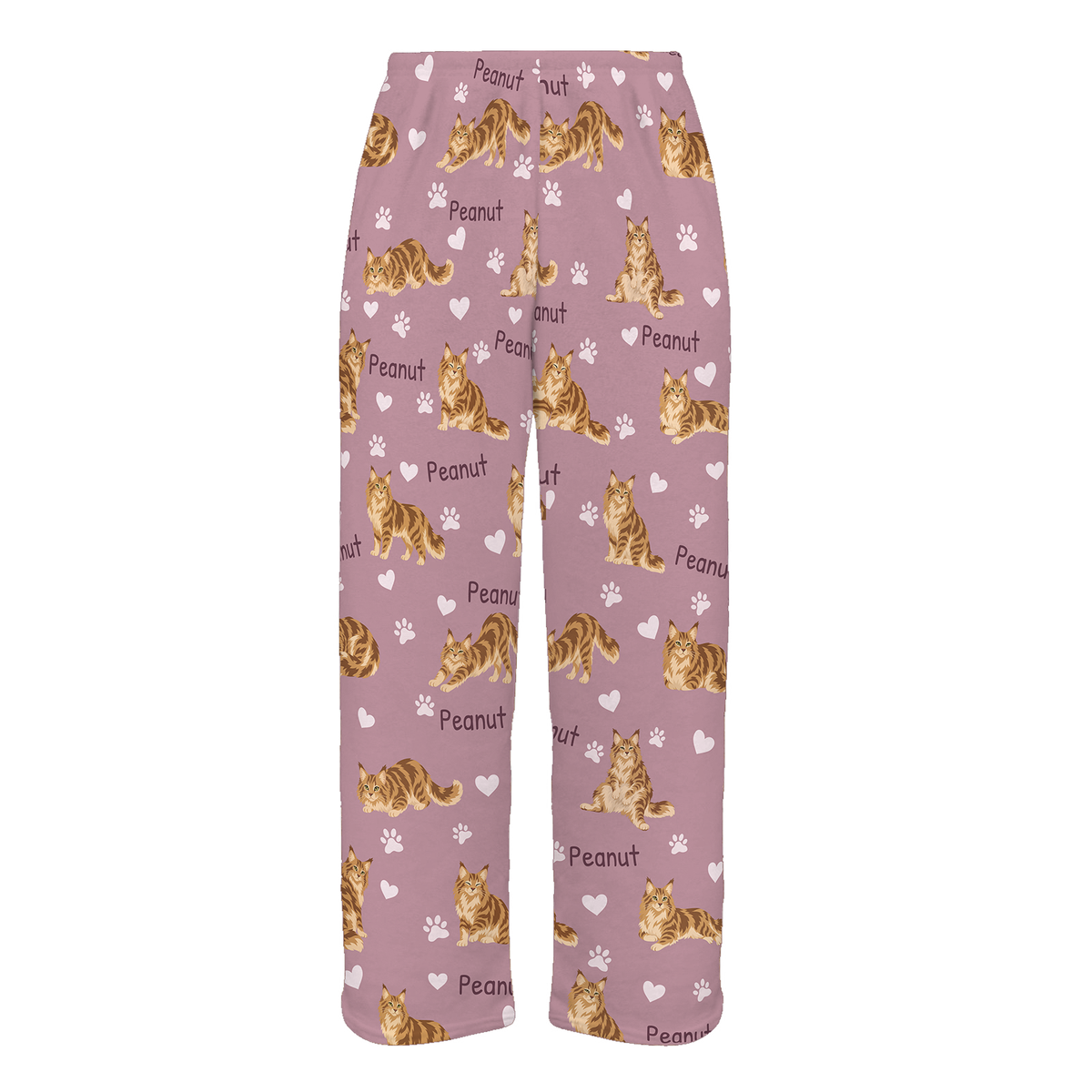 Personalized Maine Coon Cat Pajama Pants, Custom Pet Name Fleece Trousers, Cat Lover Gift — 04 Dusty Rose — full-trouser view