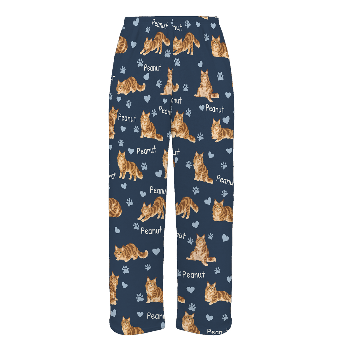 Personalized Maine Coon Cat Pajama Pants, Custom Pet Name Fleece Trousers, Cat Lover Gift — 05 Deep Navy — full-trouser view