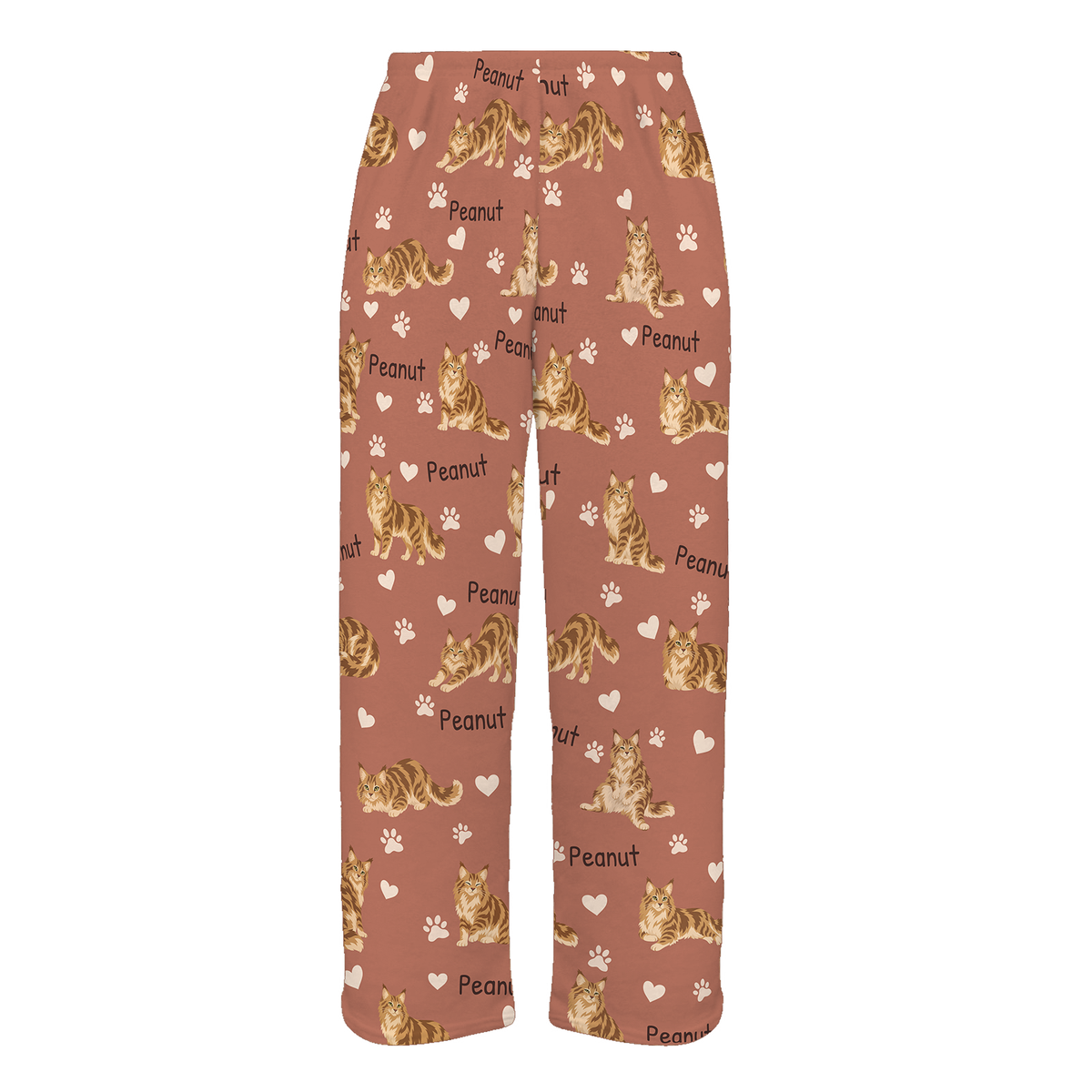 Personalized Maine Coon Cat Pajama Pants, Custom Pet Name Fleece Trousers, Cat Lover Gift — 06 Muted Terracotta — full-trouser view
