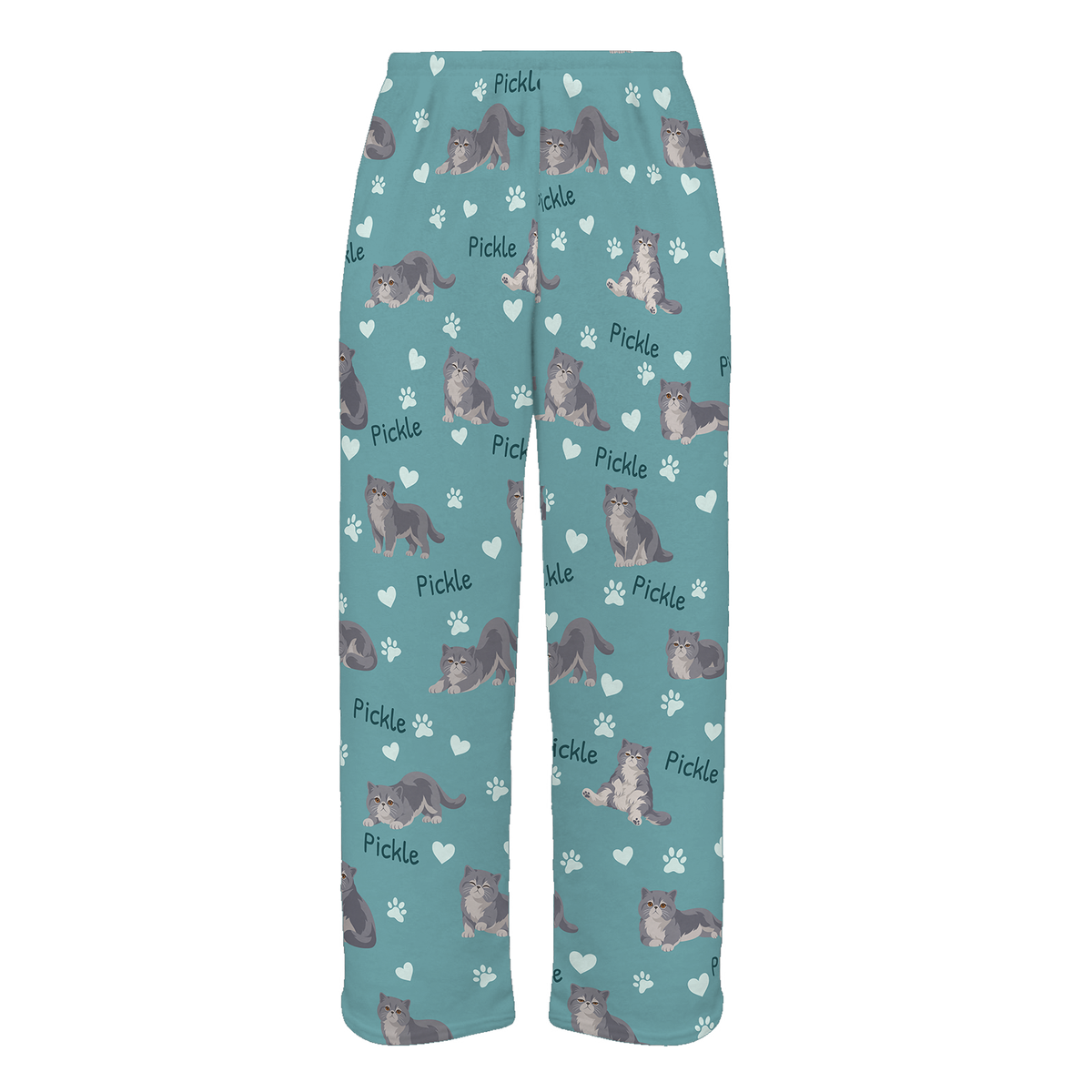 Personalized Exotic Shorthair Cat Pajama Pants, Custom Pet Name Fleece Trousers, Cat Lover Gift — 01 Muted Teal — full-trouser view