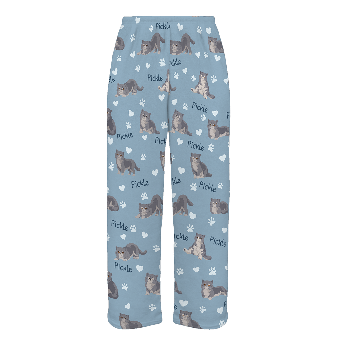 Personalized Exotic Shorthair Cat Pajama Pants, Custom Pet Name Fleece Trousers, Cat Lover Gift — 02 Dusty Blue — full-trouser view