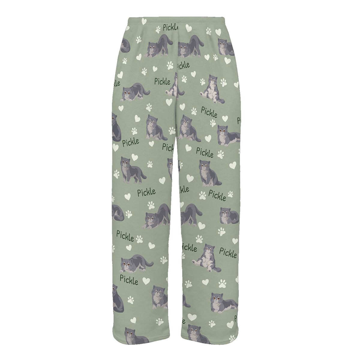 Personalized Exotic Shorthair Cat Pajama Pants, Custom Pet Name Fleece Trousers, Cat Lover Gift — 03 Soft Sage — full-trouser view