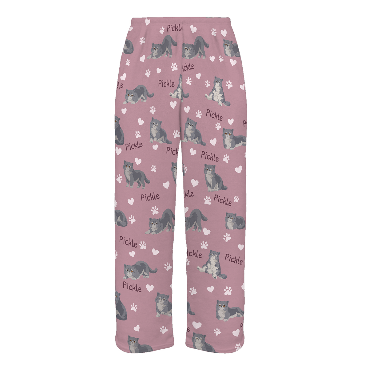 Personalized Exotic Shorthair Cat Pajama Pants, Custom Pet Name Fleece Trousers, Cat Lover Gift — 04 Dusty Rose — full-trouser view