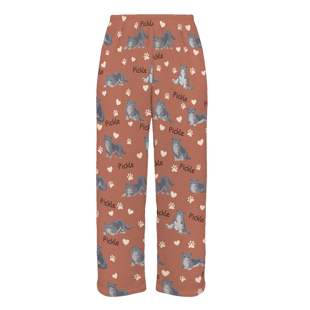 Personalized Exotic Shorthair Cat Pajama Pants, Custom Pet Name Fleece Trousers, Cat Lover Gift — 06 Muted Terracotta — full-trouser view