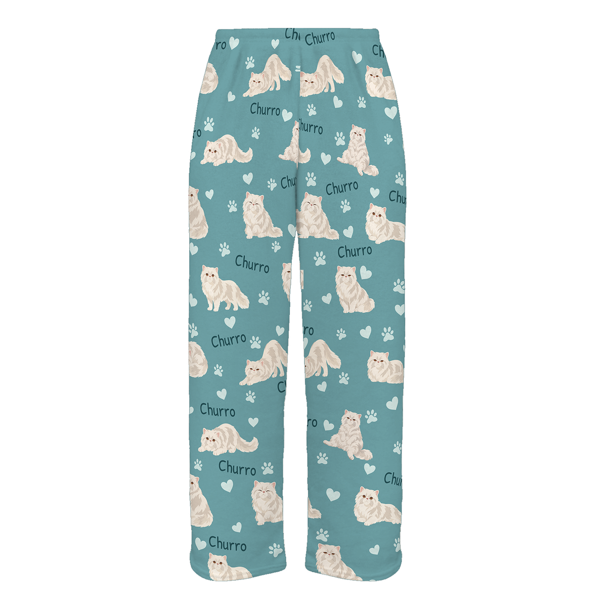 Personalized Persian Cat Pajama Pants, Custom Pet Name Fleece Trousers, Cat Lover Gift — 01 Muted Teal — full-trouser view