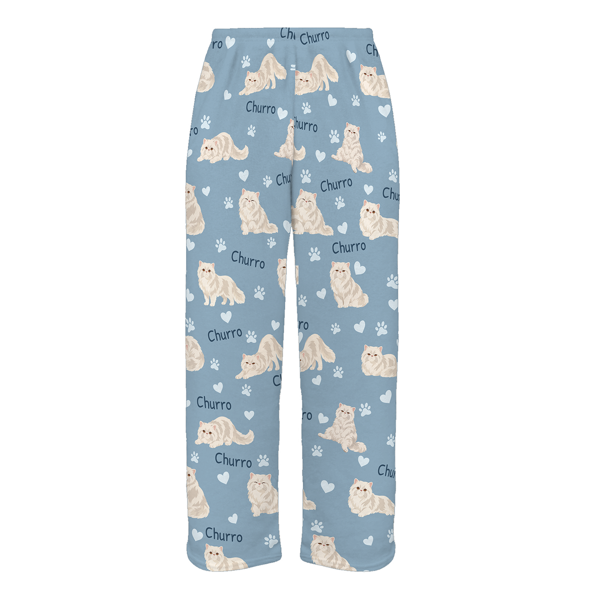 Personalized Persian Cat Pajama Pants, Custom Pet Name Fleece Trousers, Cat Lover Gift — 02 Dusty Blue — full-trouser view