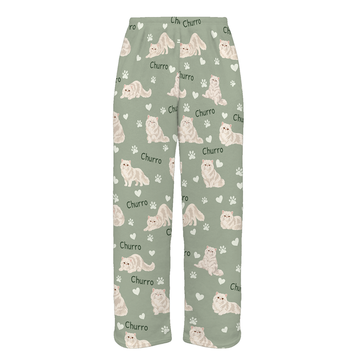 Personalized Persian Cat Pajama Pants, Custom Pet Name Fleece Trousers, Cat Lover Gift — 03 Soft Sage — full-trouser view