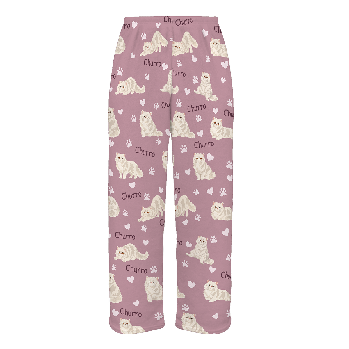 Personalized Persian Cat Pajama Pants, Custom Pet Name Fleece Trousers, Cat Lover Gift — 04 Dusty Rose — full-trouser view