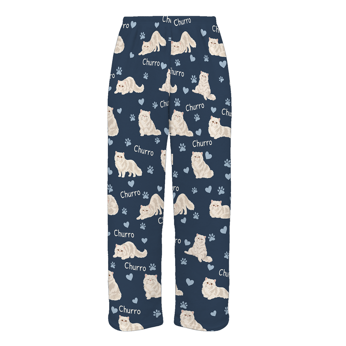 Personalized Persian Cat Pajama Pants, Custom Pet Name Fleece Trousers, Cat Lover Gift — 05 Deep Navy — full-trouser view