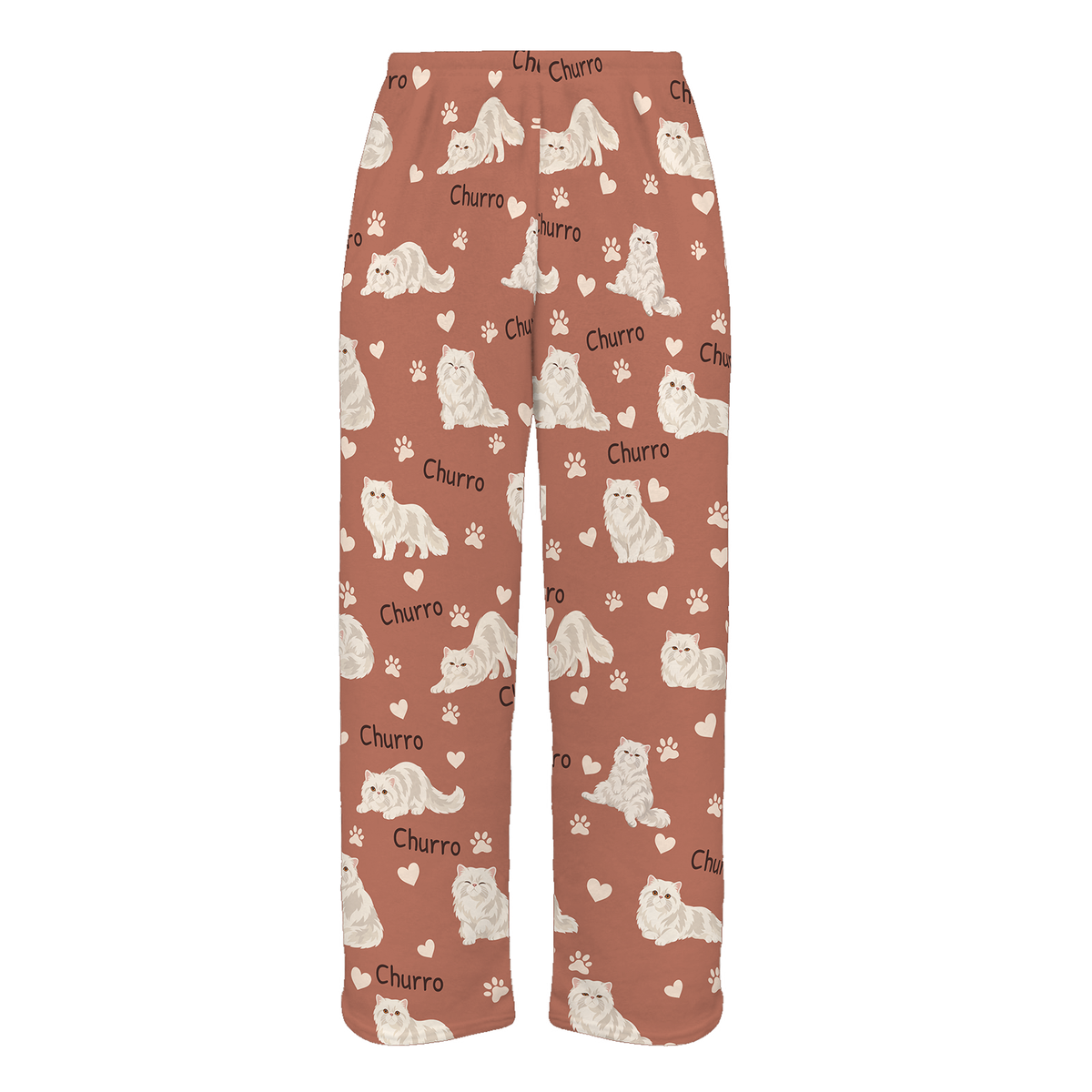 Personalized Persian Cat Pajama Pants, Custom Pet Name Fleece Trousers, Cat Lover Gift — 06 Muted Terracotta — full-trouser view