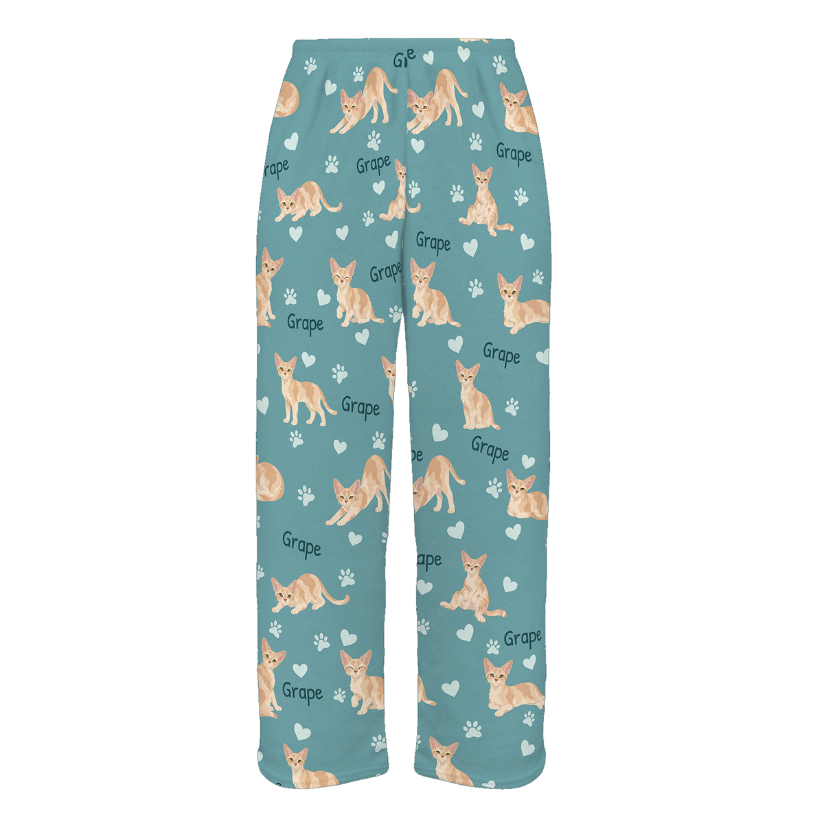 Personalized Devon Rex Cat Pajama Pants, Custom Pet Name Fleece Trousers, Cat Lover Gift — 01 Muted Teal — full-trouser view