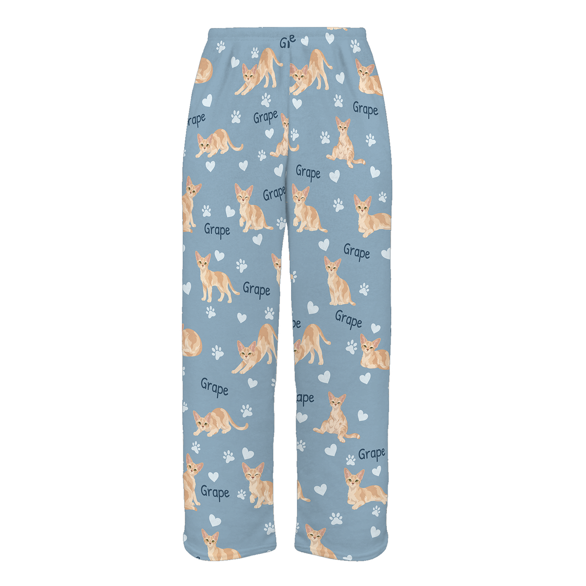 Personalized Devon Rex Cat Pajama Pants, Custom Pet Name Fleece Trousers, Cat Lover Gift — 02 Dusty Blue — full-trouser view