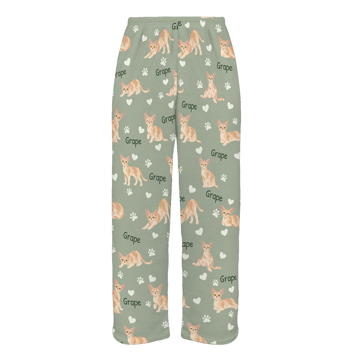 Personalized Devon Rex Cat Pajama Pants, Custom Pet Name Fleece Trousers, Cat Lover Gift — 03 Soft Sage — full-trouser view