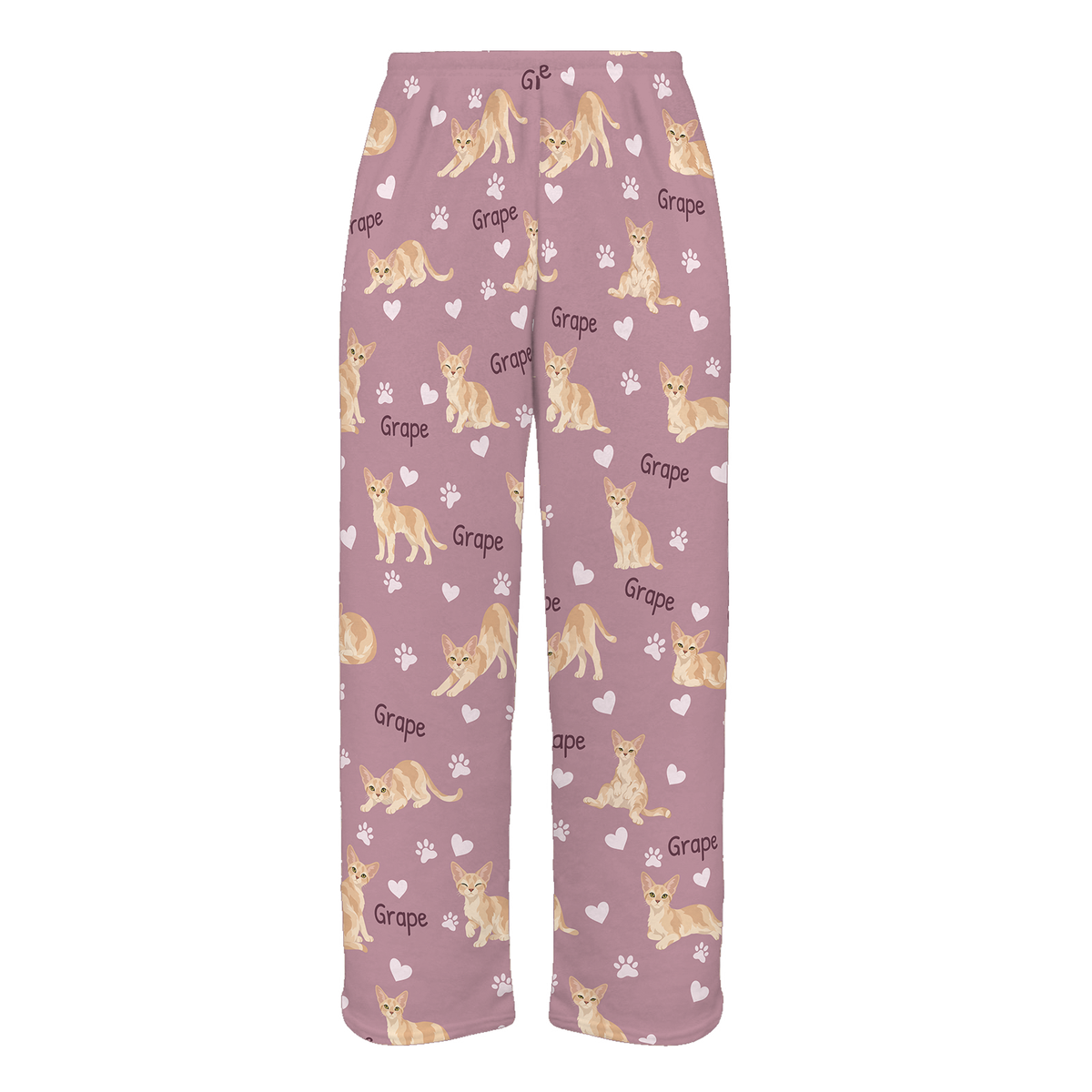 Personalized Devon Rex Cat Pajama Pants, Custom Pet Name Fleece Trousers, Cat Lover Gift — 04 Dusty Rose — full-trouser view