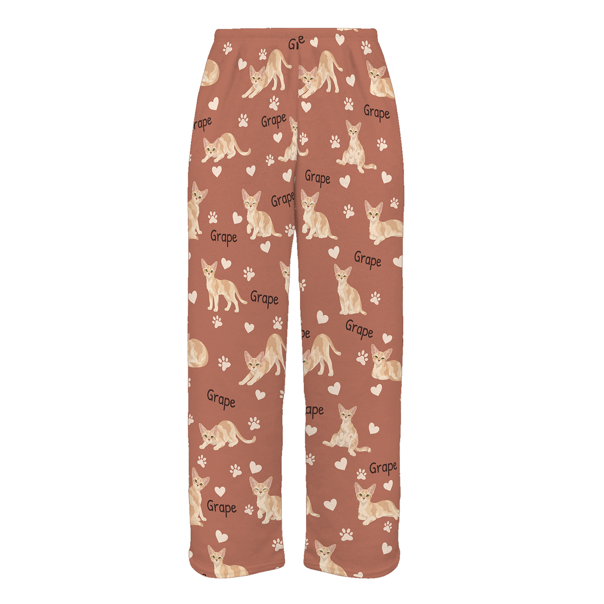 Personalized Devon Rex Cat Pajama Pants, Custom Pet Name Fleece Trousers, Cat Lover Gift — 06 Muted Terracotta — full-trouser view
