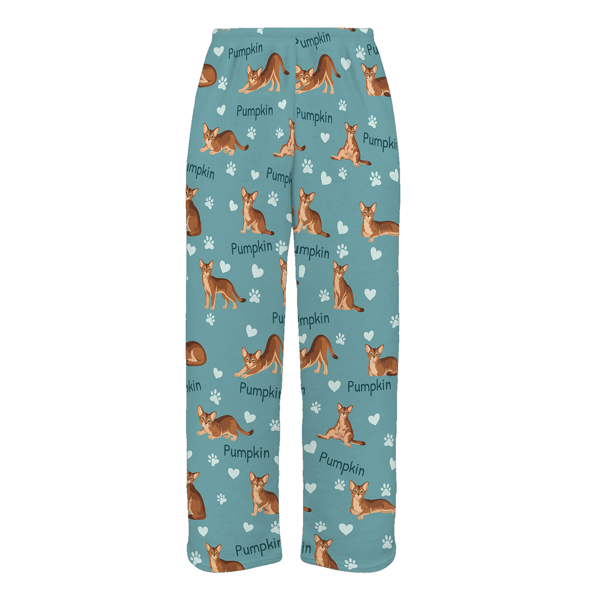 Personalized Abyssinian Cat Pajama Pants, Custom Pet Name Fleece Trousers, Cat Lover Gift — 01 Muted Teal — full-trouser view
