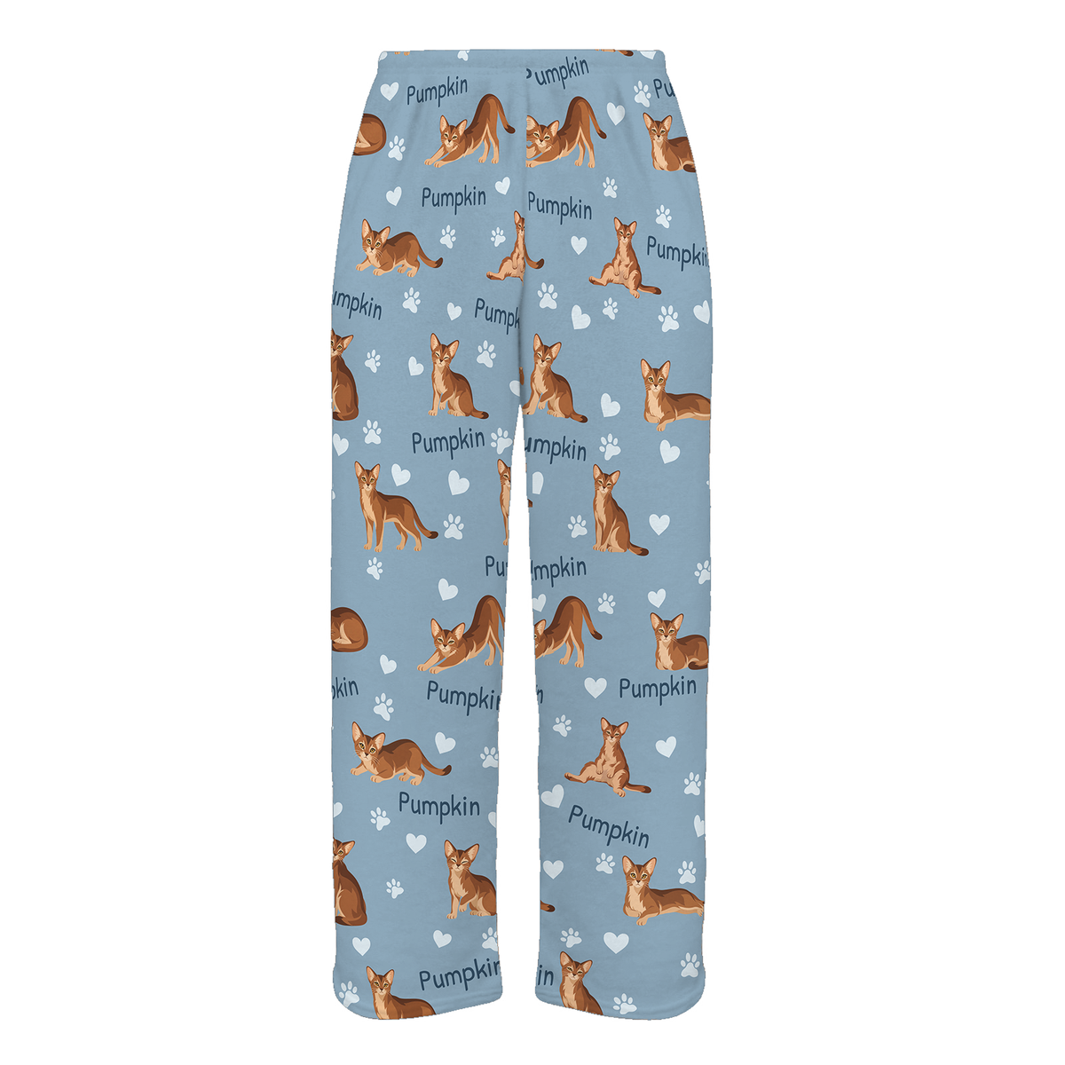Personalized Abyssinian Cat Pajama Pants, Custom Pet Name Fleece Trousers, Cat Lover Gift — 02 Dusty Blue — full-trouser view