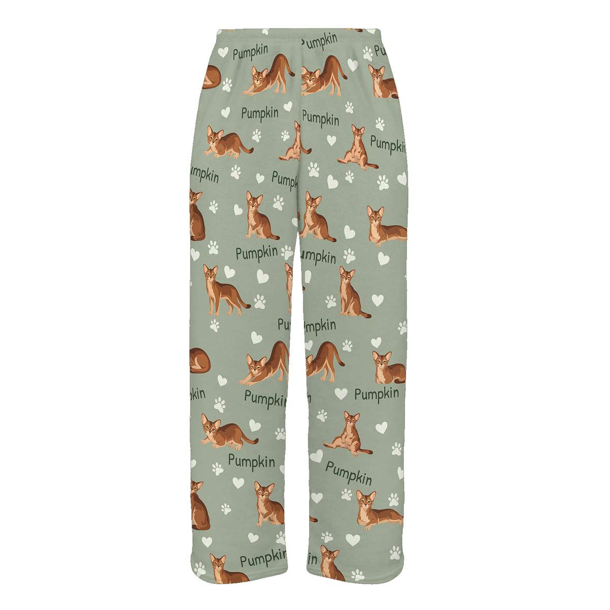 Personalized Abyssinian Cat Pajama Pants, Custom Pet Name Fleece Trousers, Cat Lover Gift — 03 Soft Sage — full-trouser view