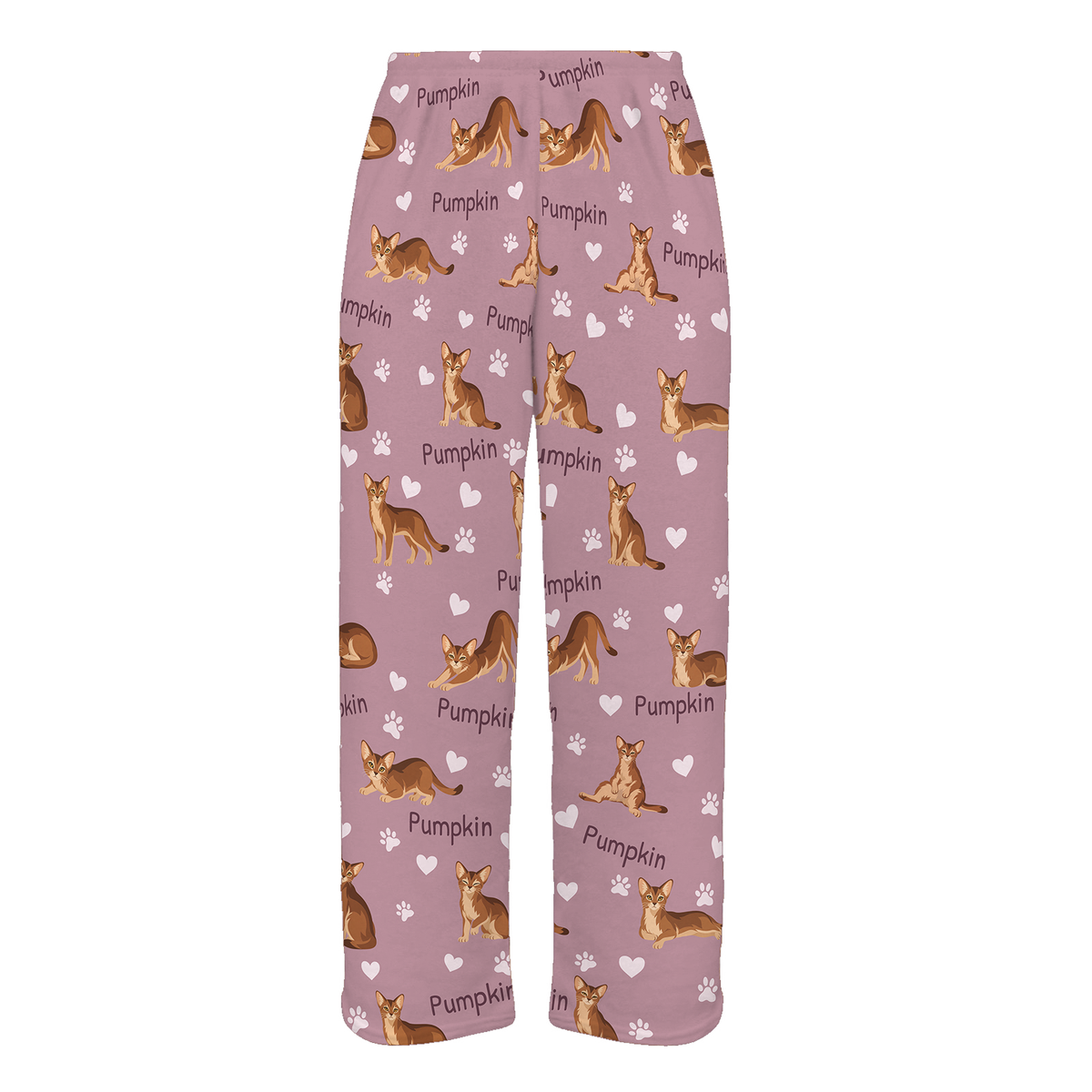 Personalized Abyssinian Cat Pajama Pants, Custom Pet Name Fleece Trousers, Cat Lover Gift — 04 Dusty Rose — full-trouser view