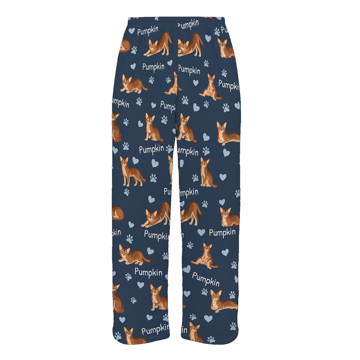 Personalized Abyssinian Cat Pajama Pants, Custom Pet Name Fleece Trousers, Cat Lover Gift — 05 Deep Navy — full-trouser view