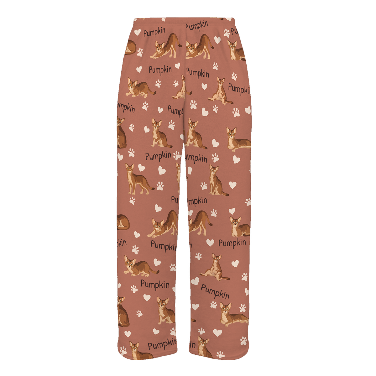 Personalized Abyssinian Cat Pajama Pants, Custom Pet Name Fleece Trousers, Cat Lover Gift — 06 Muted Terracotta — full-trouser view