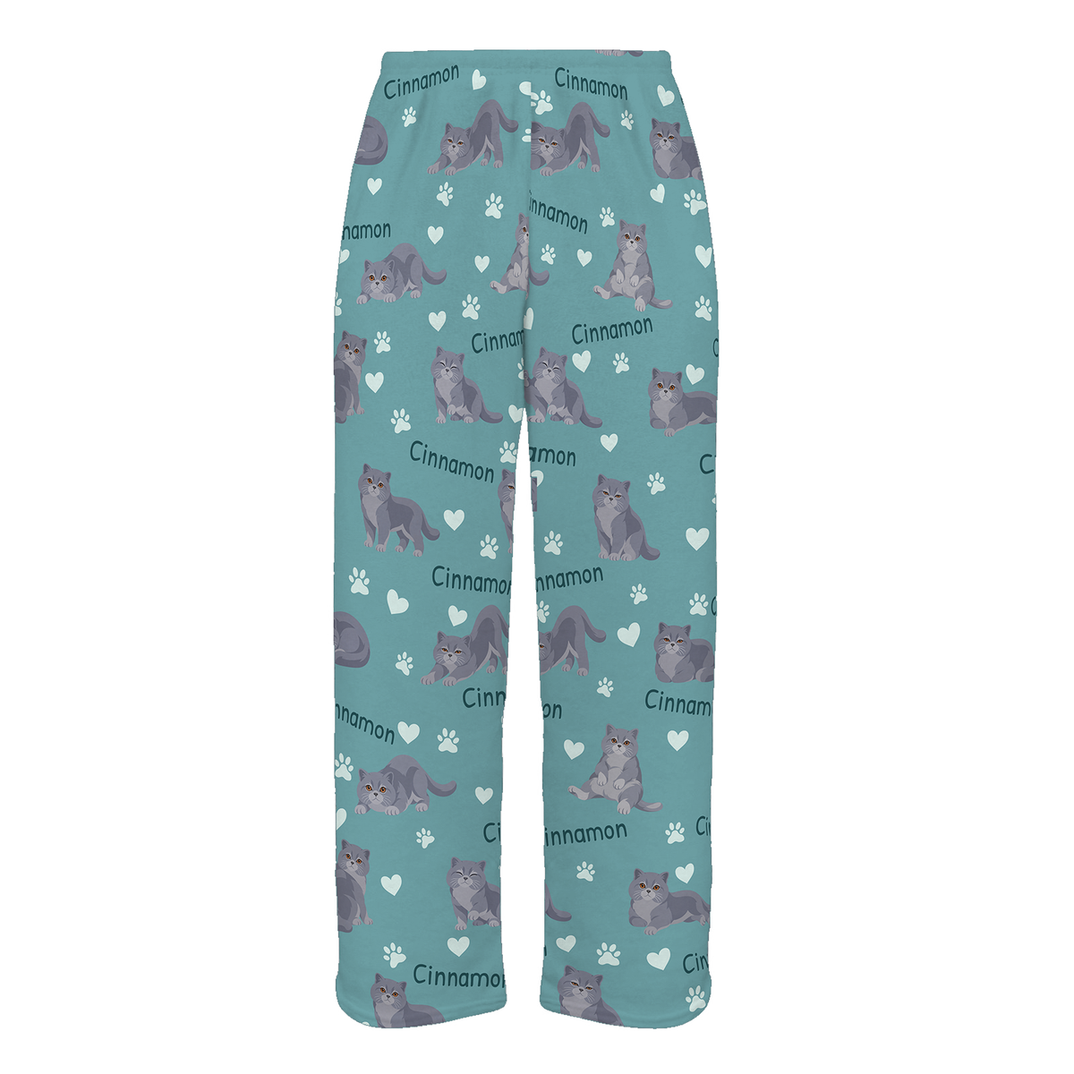 Personalized British Shorthair Cat Pajama Pants, Custom Pet Name Fleece Trousers, Cat Lover Gift — 01 Muted Teal — full-trouser view