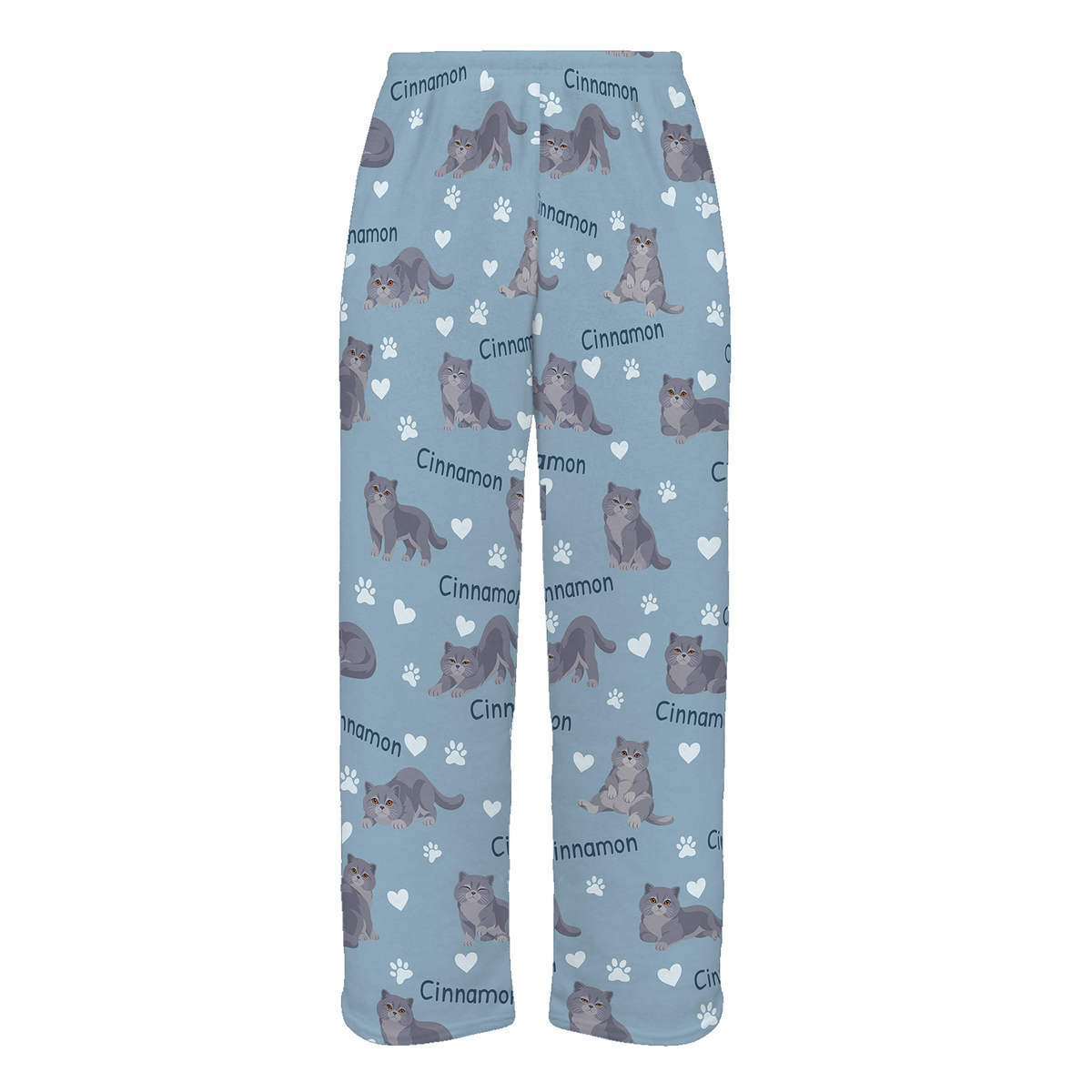 Personalized British Shorthair Cat Pajama Pants, Custom Pet Name Fleece Trousers, Cat Lover Gift — 02 Dusty Blue — full-trouser view