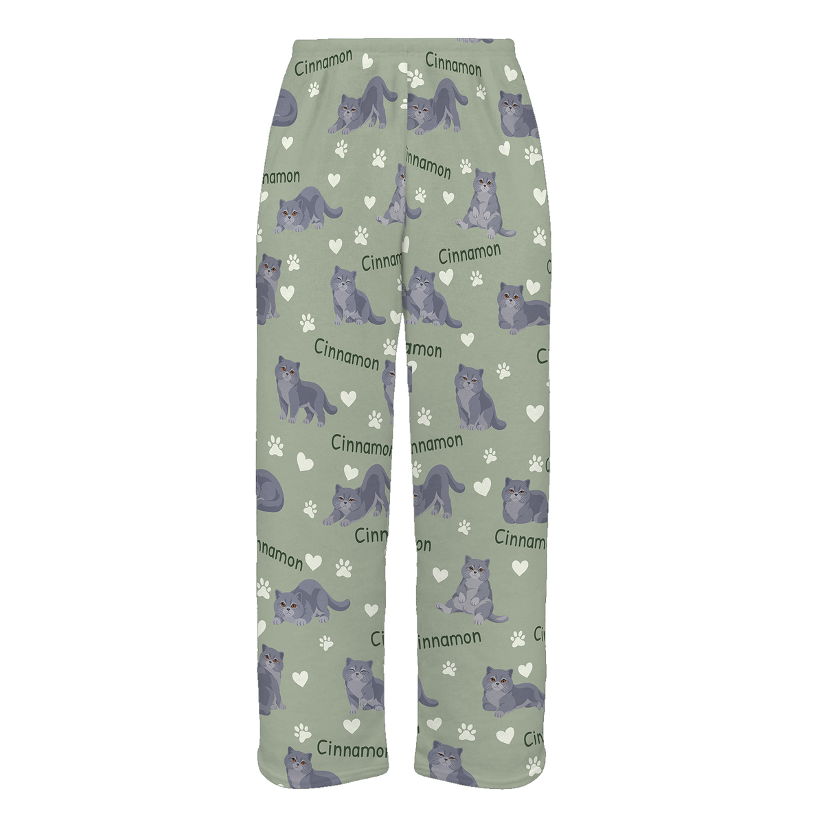 Personalized British Shorthair Cat Pajama Pants, Custom Pet Name Fleece Trousers, Cat Lover Gift — 03 Soft Sage — full-trouser view
