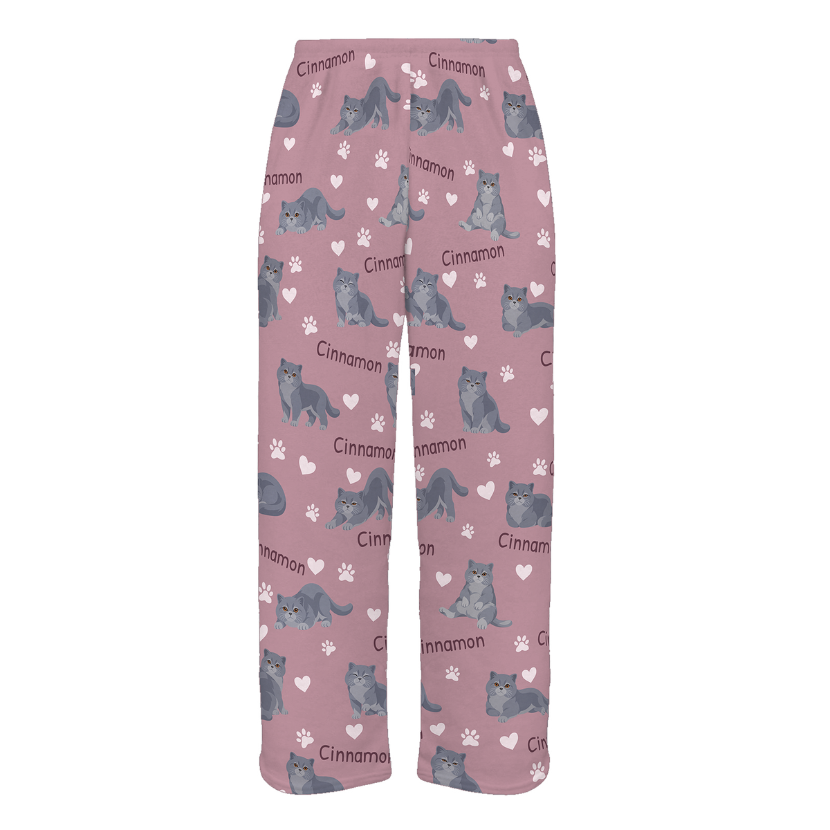 Personalized British Shorthair Cat Pajama Pants, Custom Pet Name Fleece Trousers, Cat Lover Gift — 04 Dusty Rose — full-trouser view