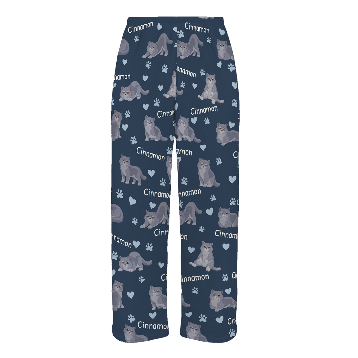Personalized British Shorthair Cat Pajama Pants, Custom Pet Name Fleece Trousers, Cat Lover Gift — As shown — full-trouser view
