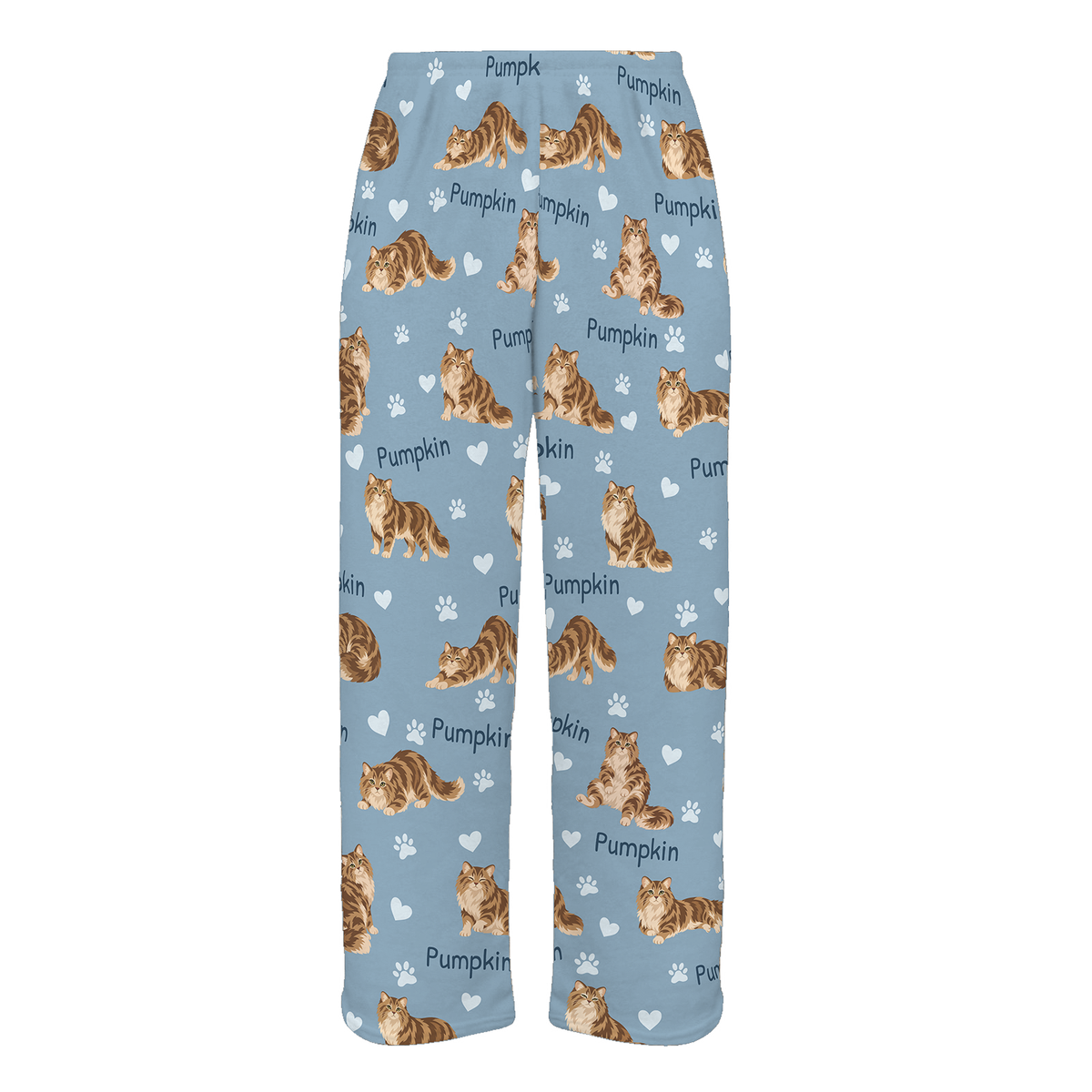 Personalized Siberian Cat Pajama Pants, Custom Pet Name Fleece Trousers, Cat Lover Gift — 02 Dusty Blue — full-trouser view