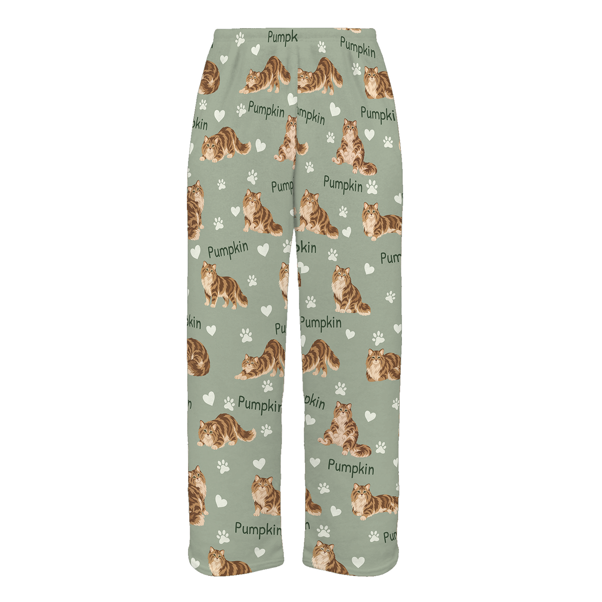 Personalized Siberian Cat Pajama Pants, Custom Pet Name Fleece Trousers, Cat Lover Gift — 03 Soft Sage — full-trouser view