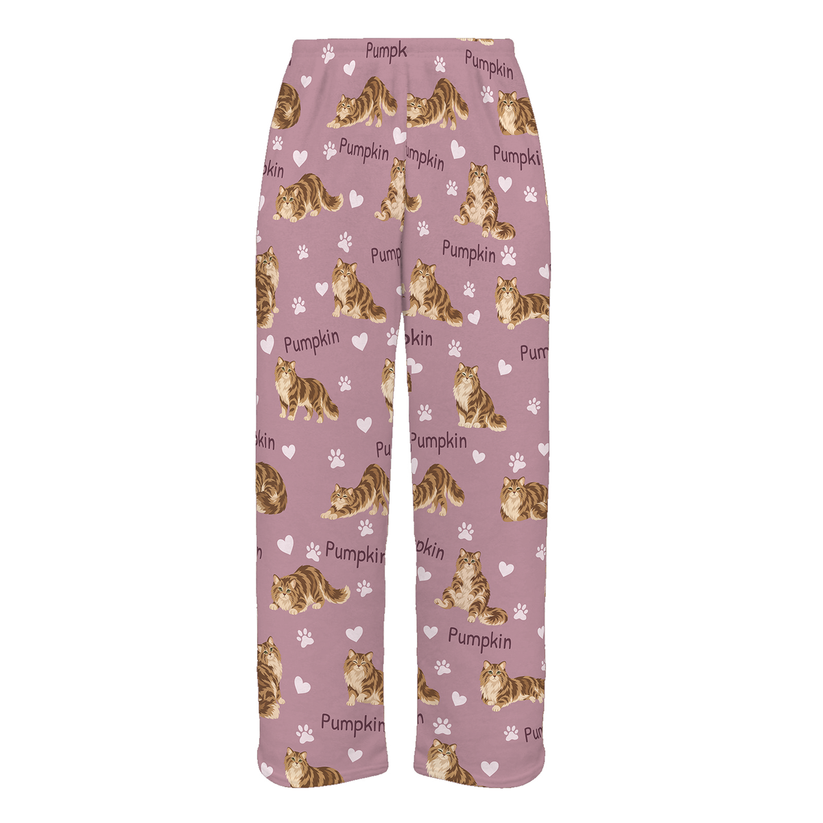 Personalized Siberian Cat Pajama Pants, Custom Pet Name Fleece Trousers, Cat Lover Gift — 04 Dusty Rose — full-trouser view