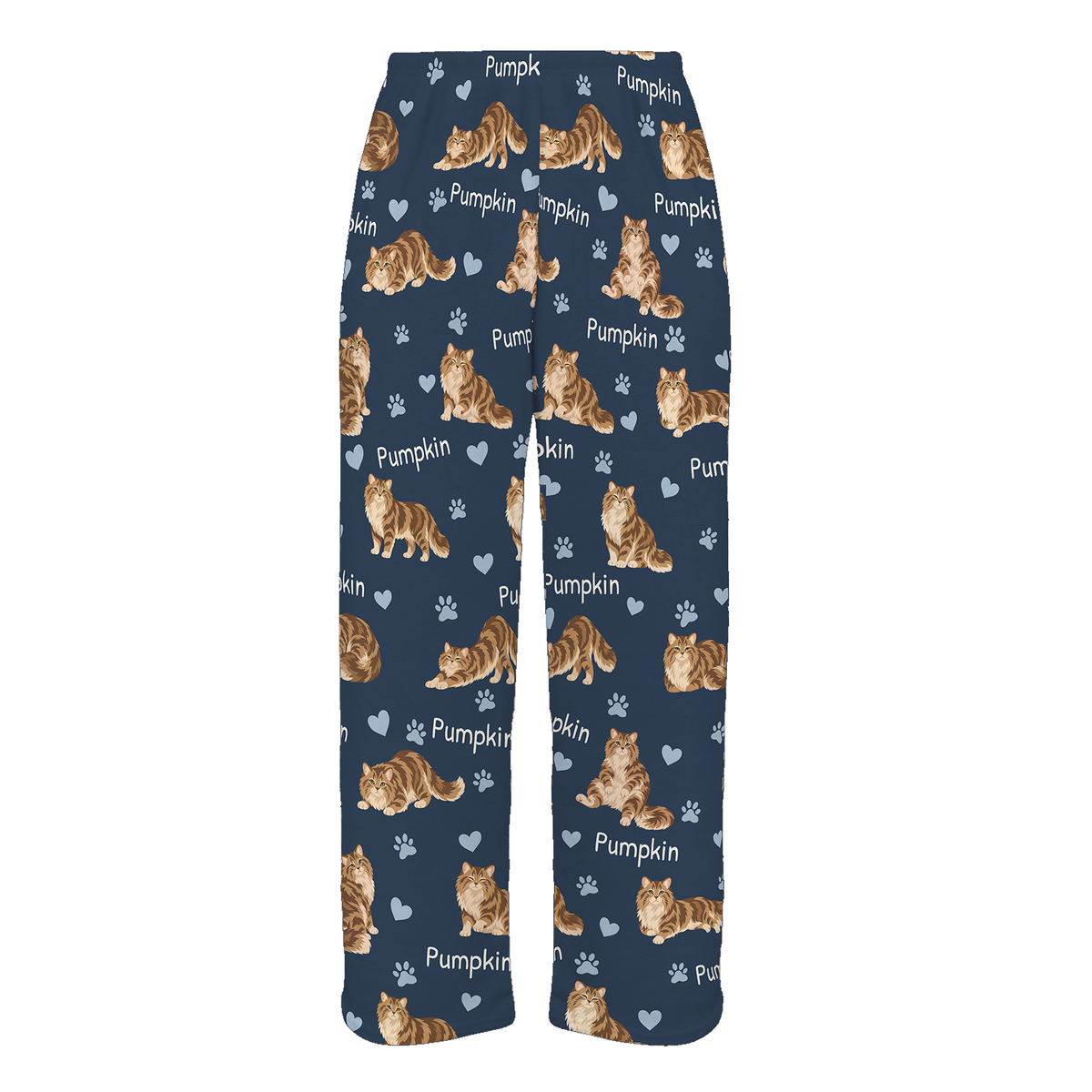 Personalized Siberian Cat Pajama Pants, Custom Pet Name Fleece Trousers, Cat Lover Gift — 05 Deep Navy — full-trouser view