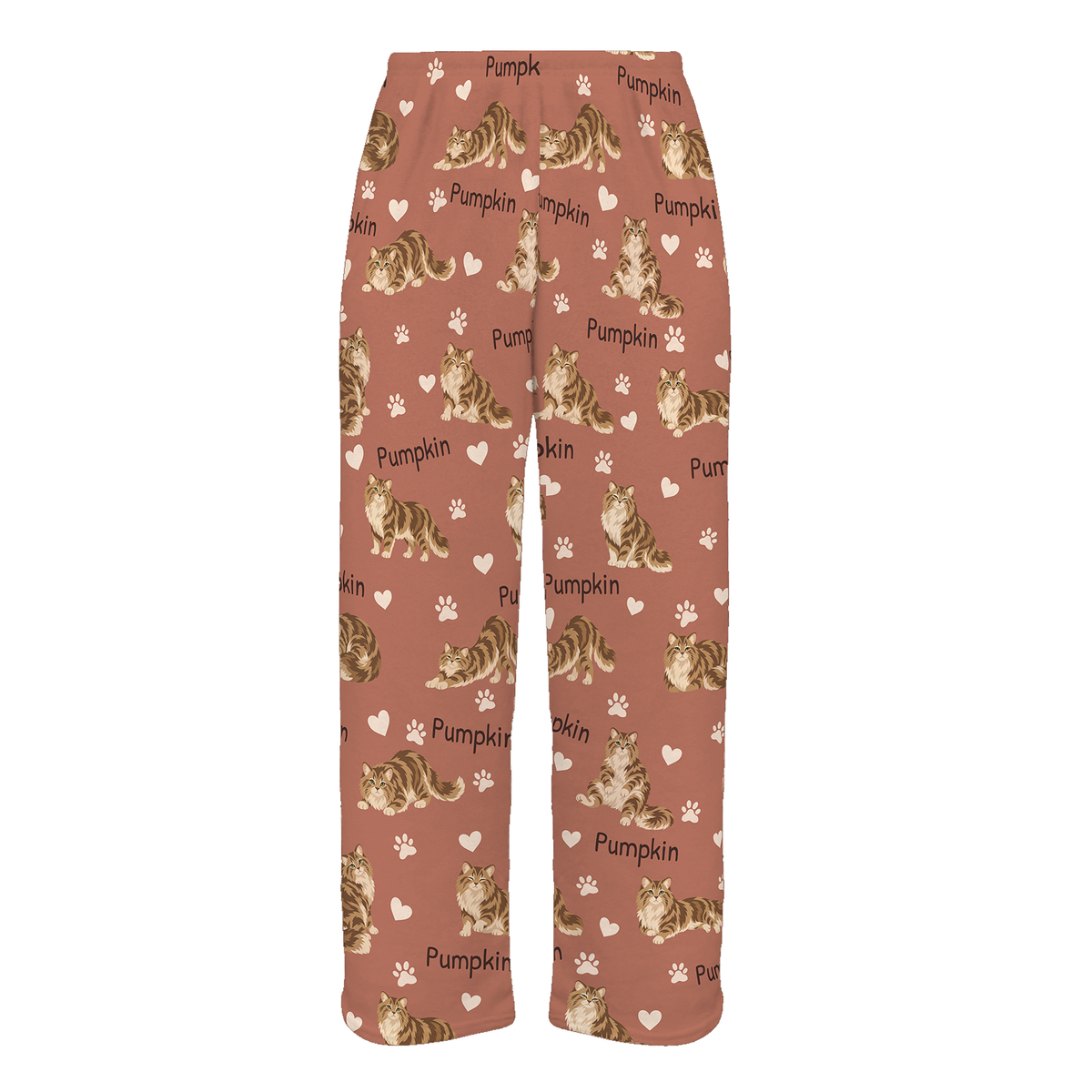 Personalized Siberian Cat Pajama Pants, Custom Pet Name Fleece Trousers, Cat Lover Gift — 06 Muted Terracotta — full-trouser view