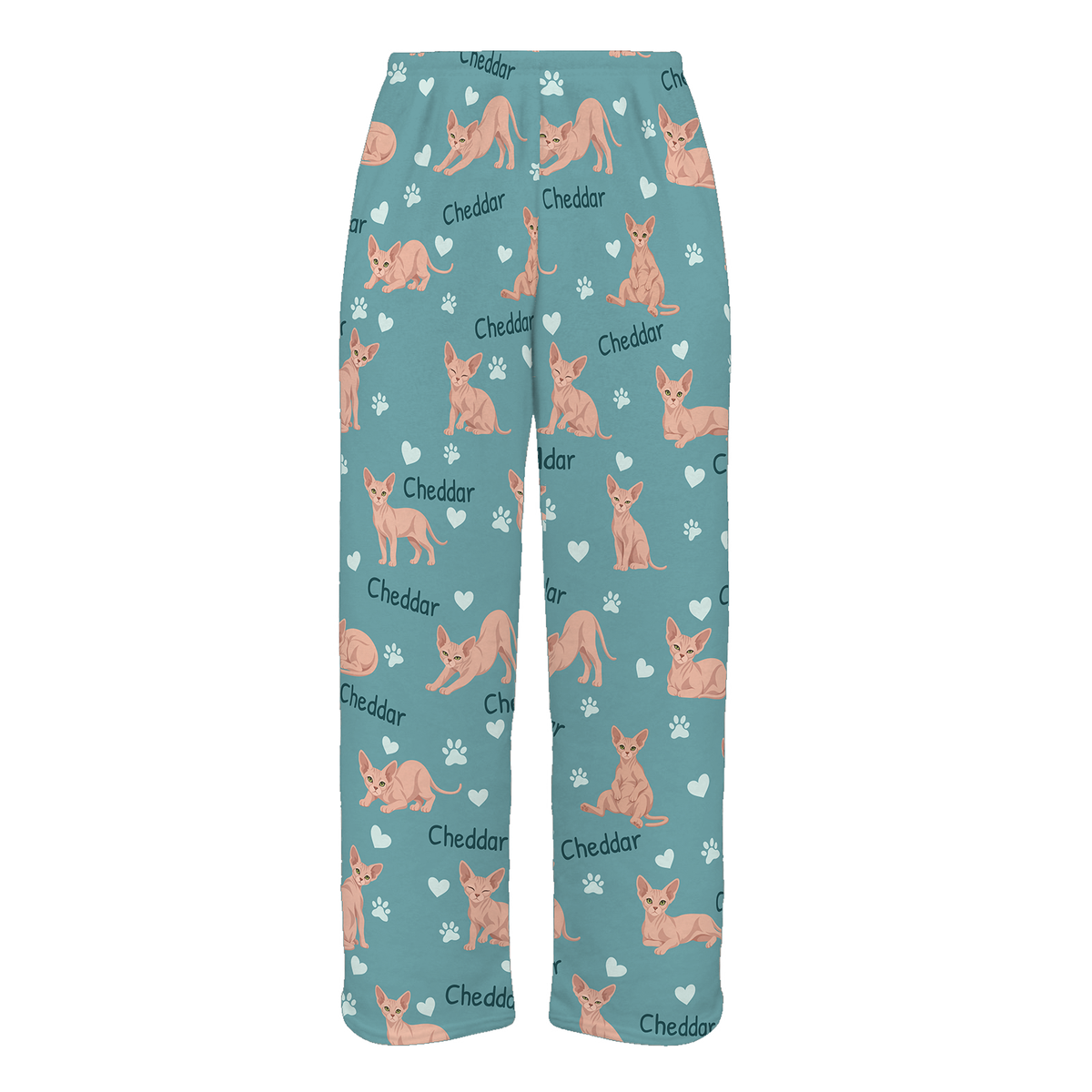 Personalized Sphynx Cat Pajama Pants, Custom Pet Name Fleece Trousers, Cat Lover Gift — 01 Muted Teal — full-trouser view