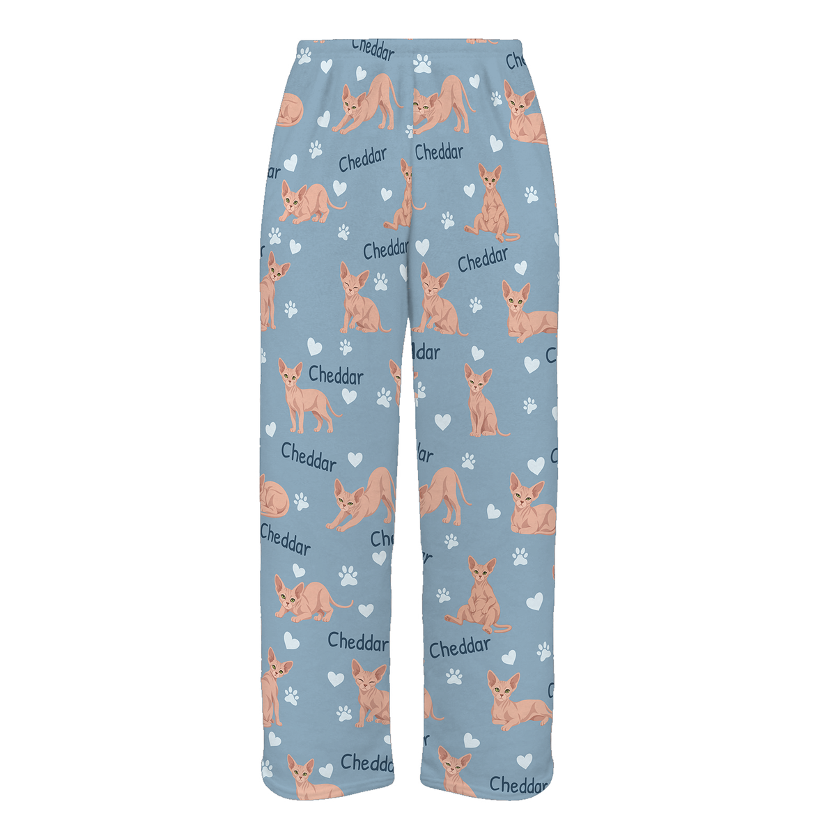 Personalized Sphynx Cat Pajama Pants, Custom Pet Name Fleece Trousers, Cat Lover Gift — 02 Dusty Blue — full-trouser view