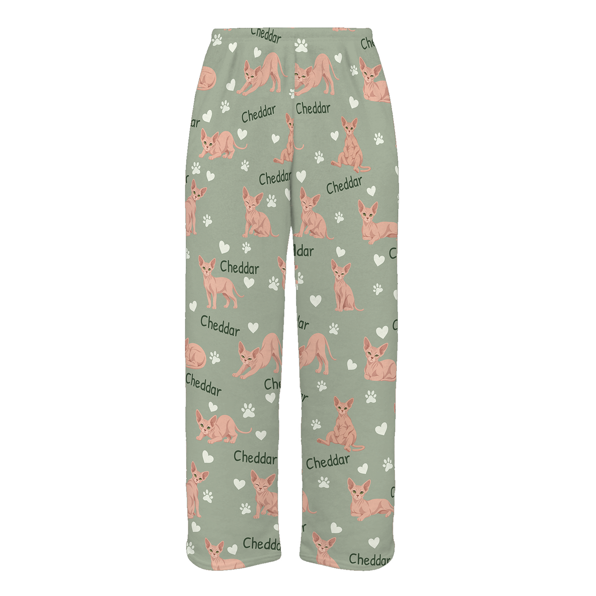 Personalized Sphynx Cat Pajama Pants, Custom Pet Name Fleece Trousers, Cat Lover Gift — 03 Soft Sage — full-trouser view