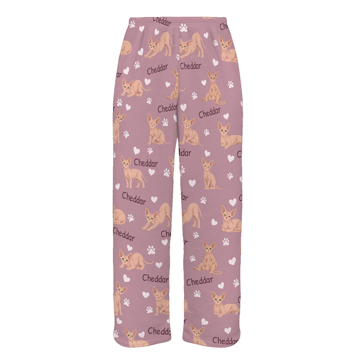 Personalized Sphynx Cat Pajama Pants, Custom Pet Name Fleece Trousers, Cat Lover Gift — 04 Dusty Rose — full-trouser view