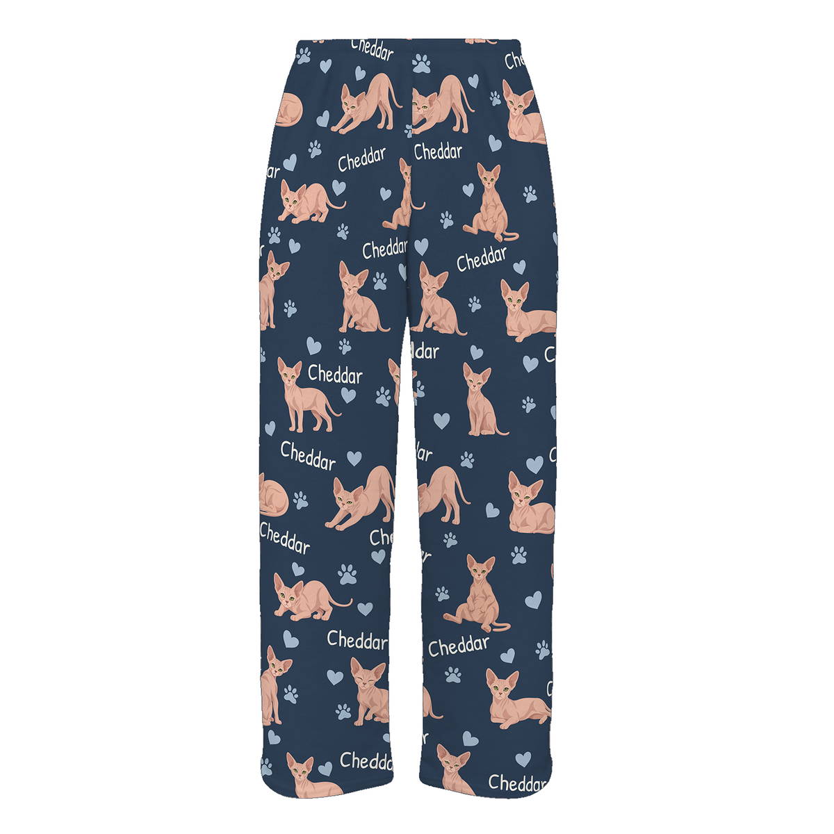 Personalized Sphynx Cat Pajama Pants, Custom Pet Name Fleece Trousers, Cat Lover Gift — 05 Deep Navy — full-trouser view