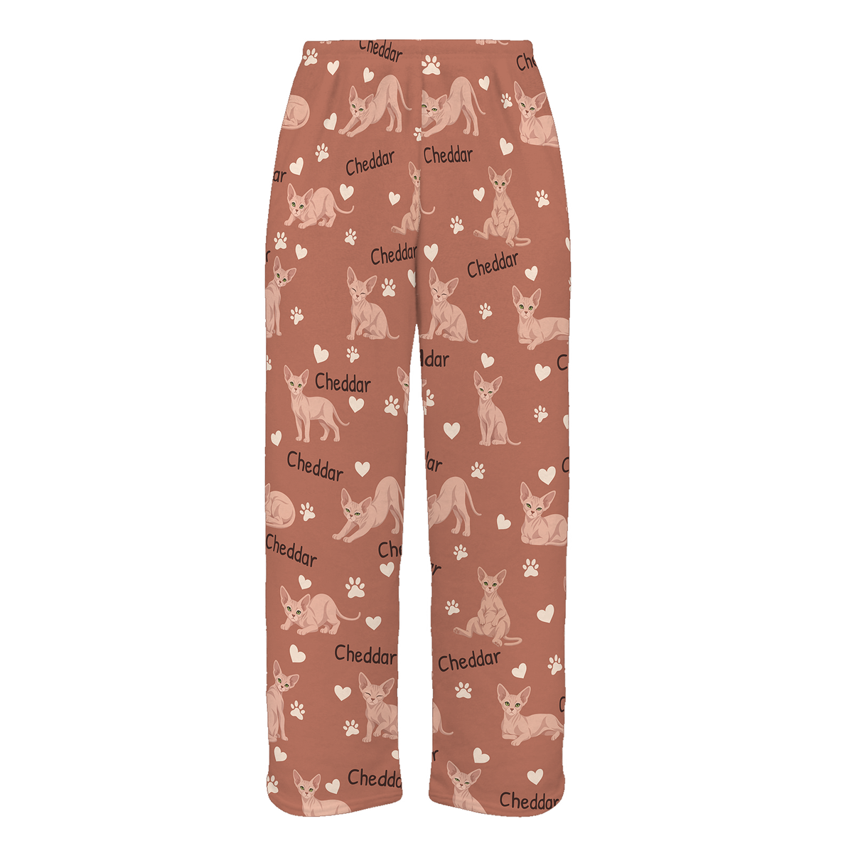 Personalized Sphynx Cat Pajama Pants, Custom Pet Name Fleece Trousers, Cat Lover Gift — 06 Muted Terracotta — full-trouser view
