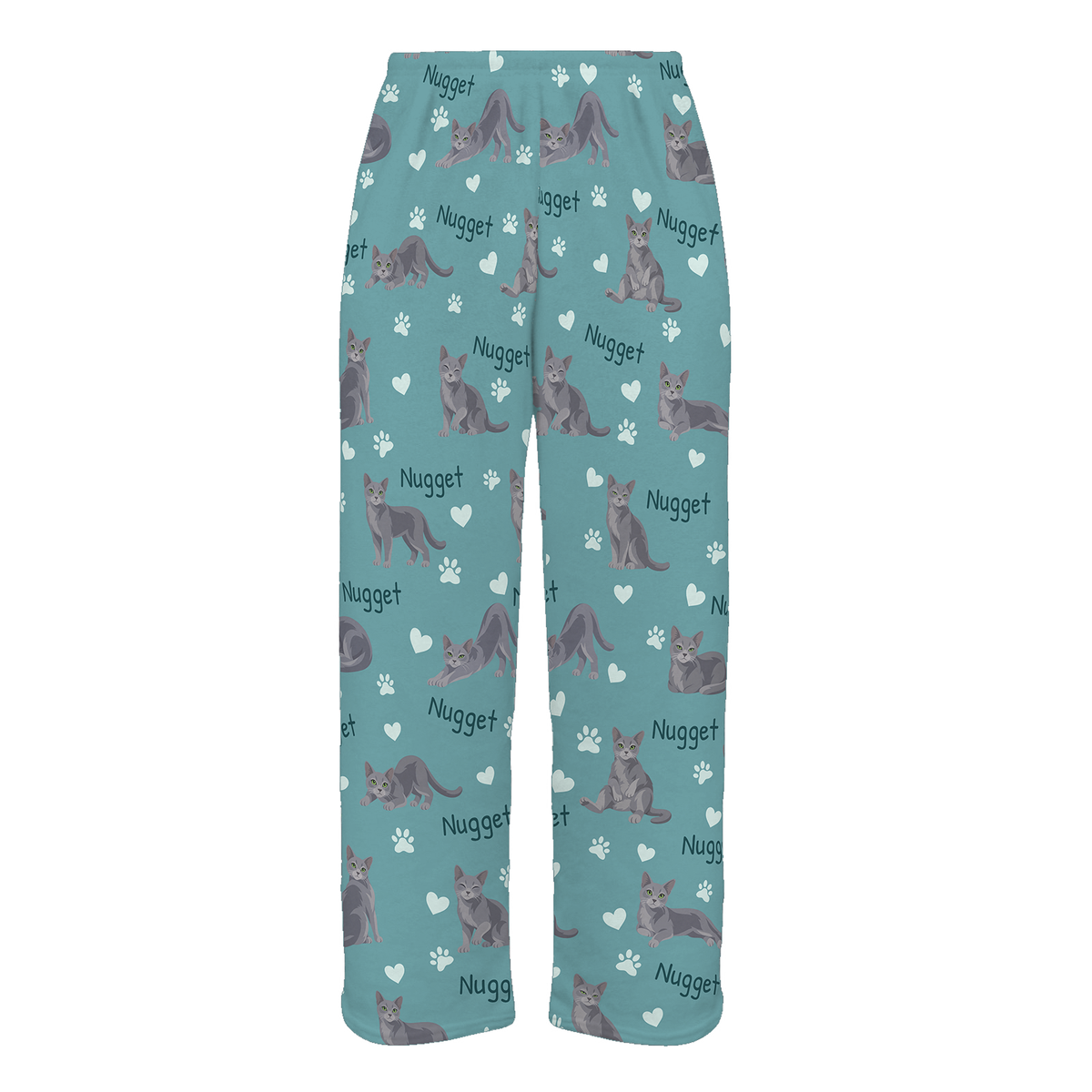 Personalized Russian Blue Cat Pajama Pants, Custom Pet Name Fleece Trousers, Cat Lover Gift — 01 Muted Teal — full-trouser view